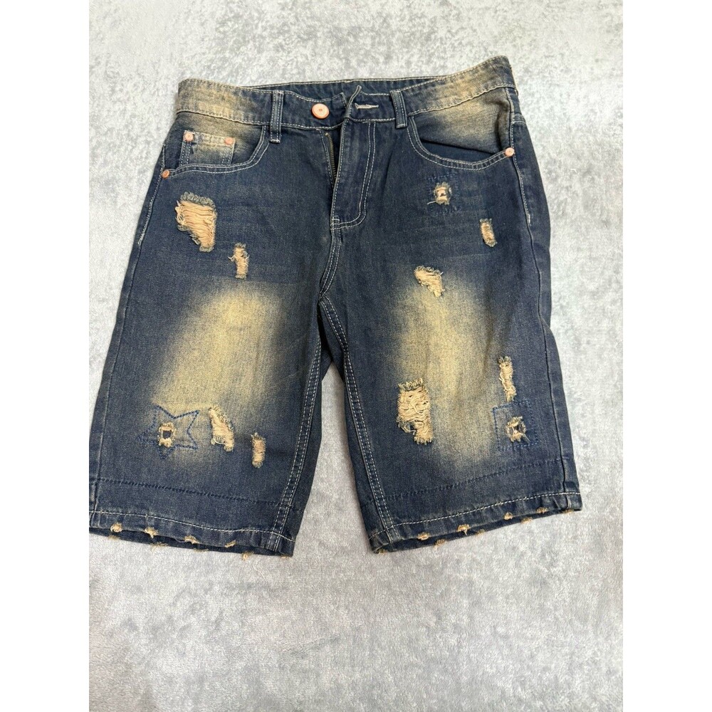Men’s Size 32 Distressed Denim Shorts Vintage Wash Star Patch Ripped Casual